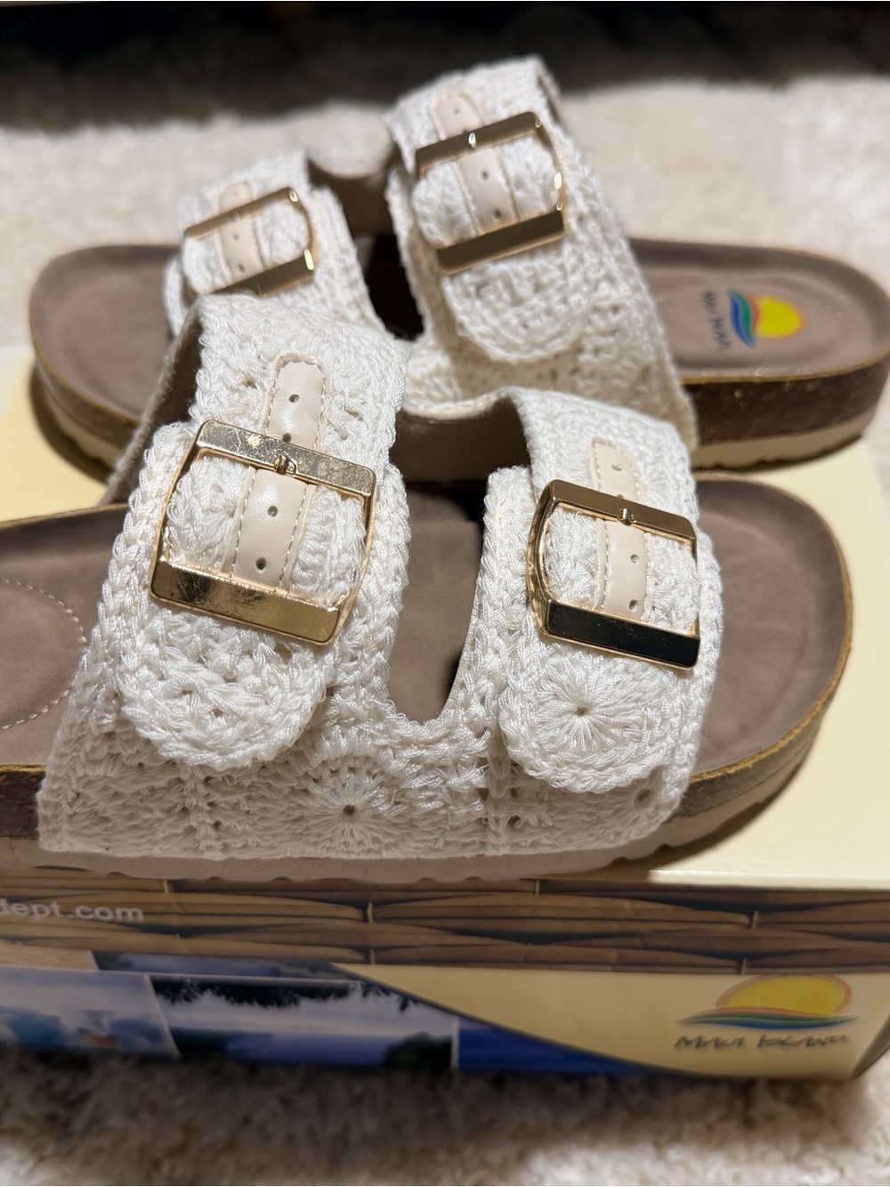 Woven White Crochet Dual-Buckle Slide Sandals